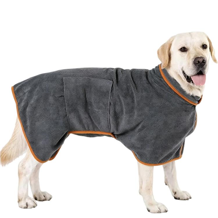 Dark grey absorbent pet bath robe with orange-trim neckline and padded chest