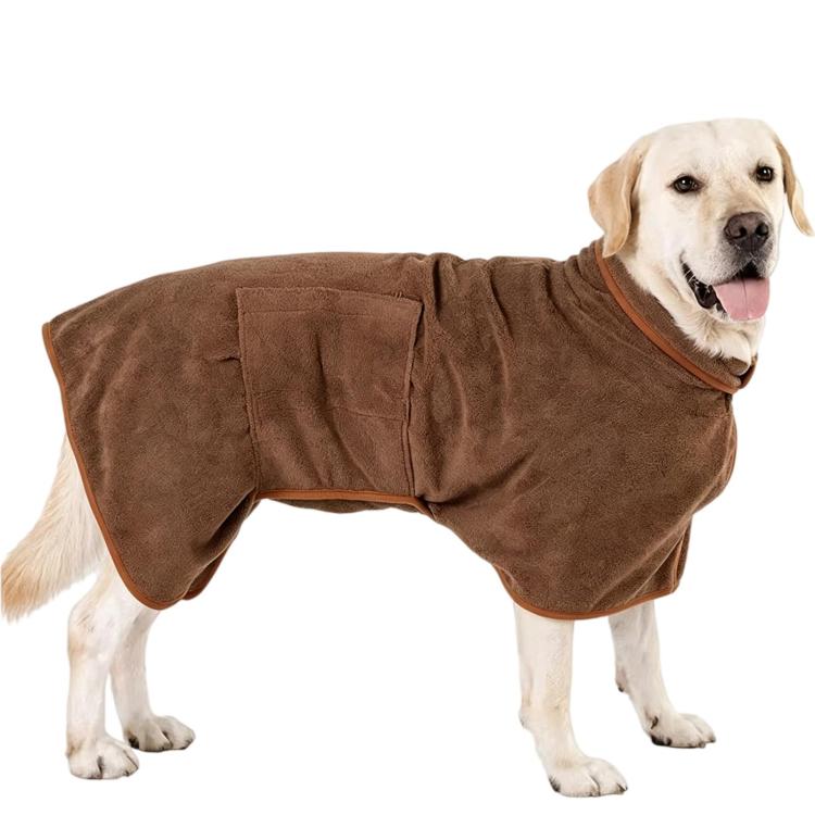 Coffee-brown absorbent pet bath robe with orange-trim collar and quilted back