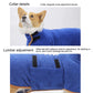Blue pet bath robe collar and adjustable lumbar strap details