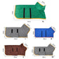 Green pet bath robe with orange edging, two black strap slots, hooded front