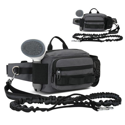 Gray dog walking waist pack with water bottle holder and attached leash strap