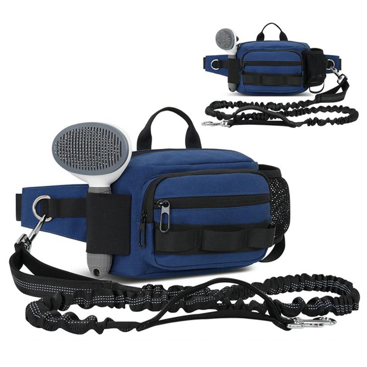 Dark blue dog walking waist pack with water bottle holder and attached leash strap