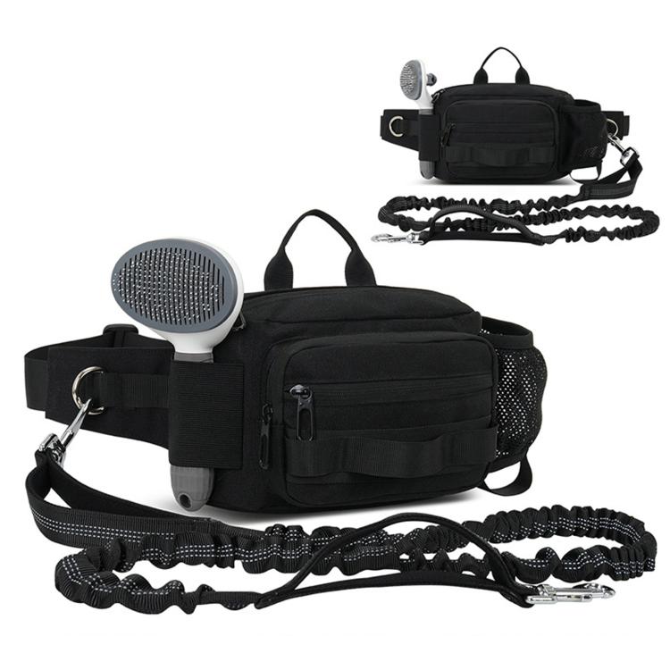 Black dog walking waist pack with water bottle holder and attached leash strap