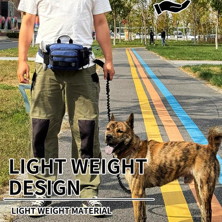 Dog walking waist pack worn at the waist with leash attached; blue bag color