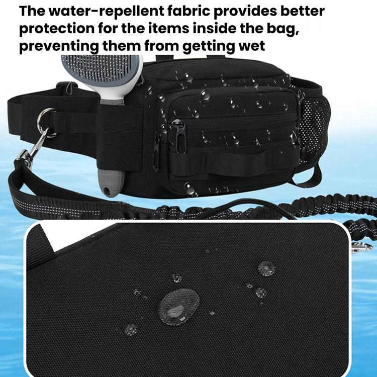 Black dog walking waist pack with water-repellent fabric and bottle holder section
