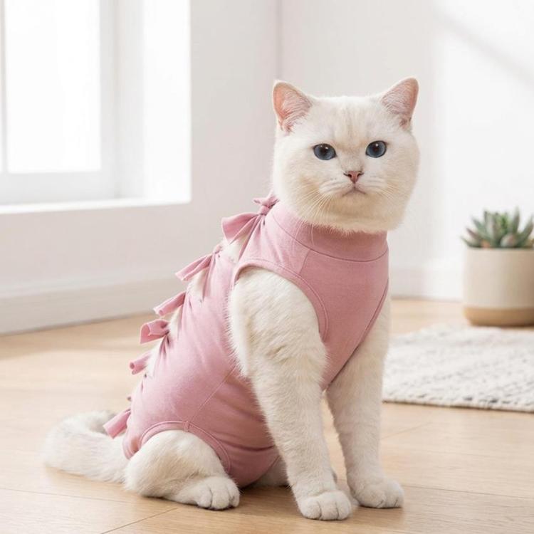 Breathable cat recovery suit in pink with ribbon bow trim, worn by sitting cat