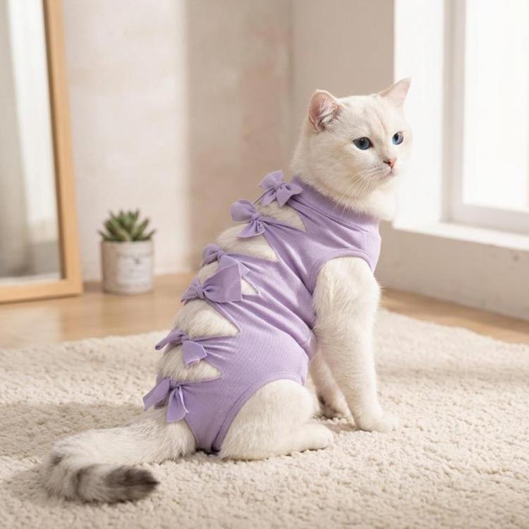 Lavender cat recovery suit with bow-trimmed straps on seated pet