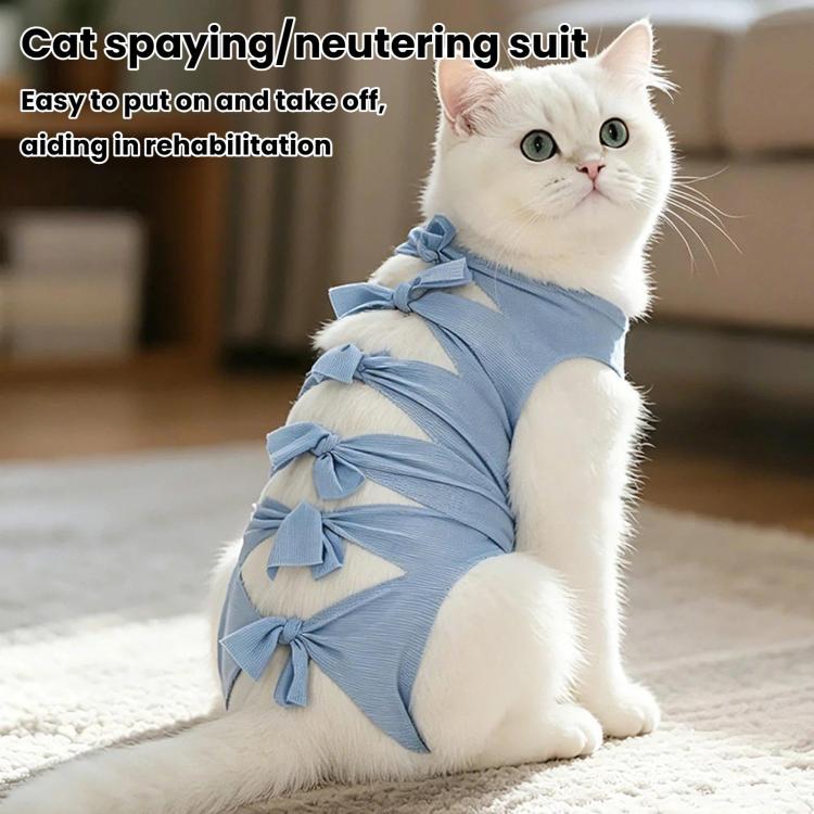 Light blue cat recovery surgery suit with ruffled bow trim