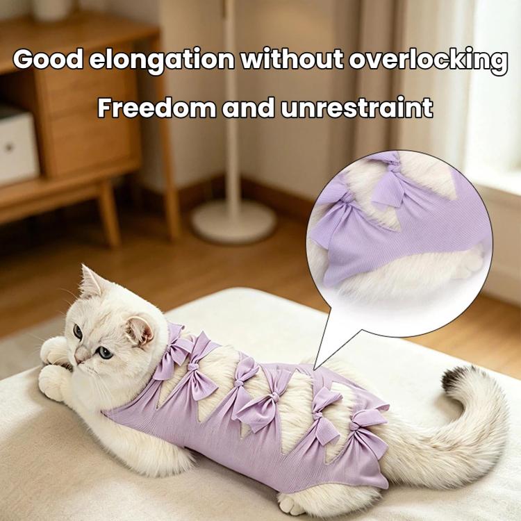 Purple cat recovery surgery suit with ribbon bows, one-piece wrap