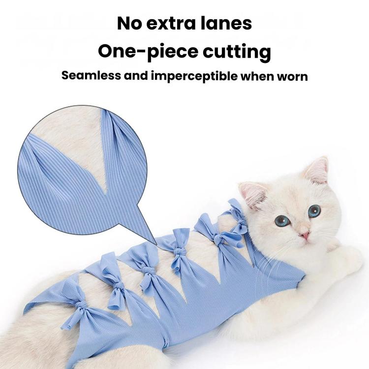 Blue one-piece cat recovery suit with bow ruffle trim and smooth seam look