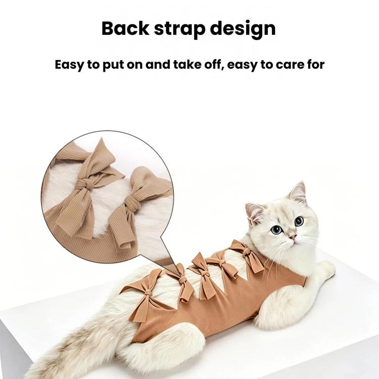 Brown cat recovery surgery suit with back strap and bow ties