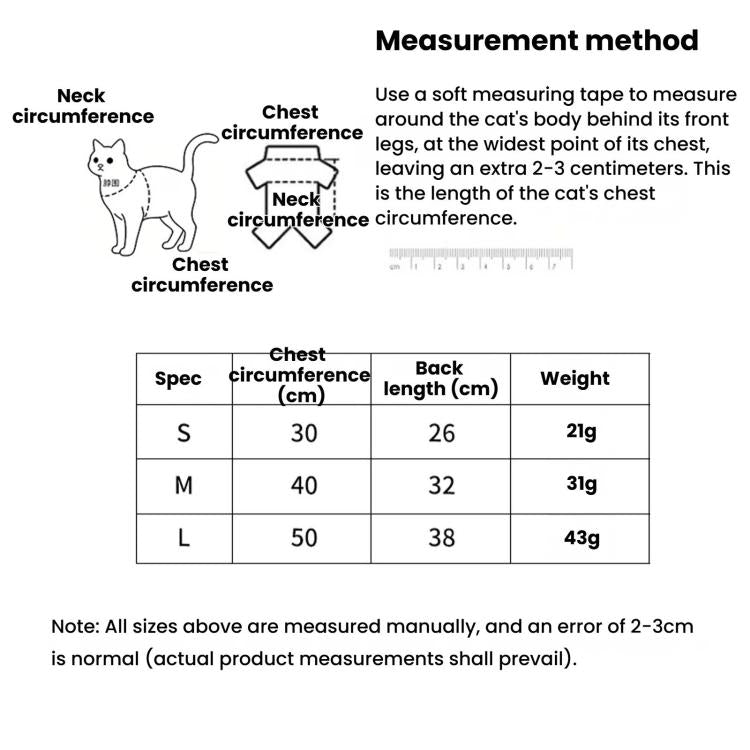 Cat surgery suit sizing chart with neck and chest measurements for S to L