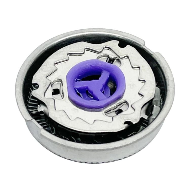 Shaver head blade assembly with purple center rotor, silver circular metal foil