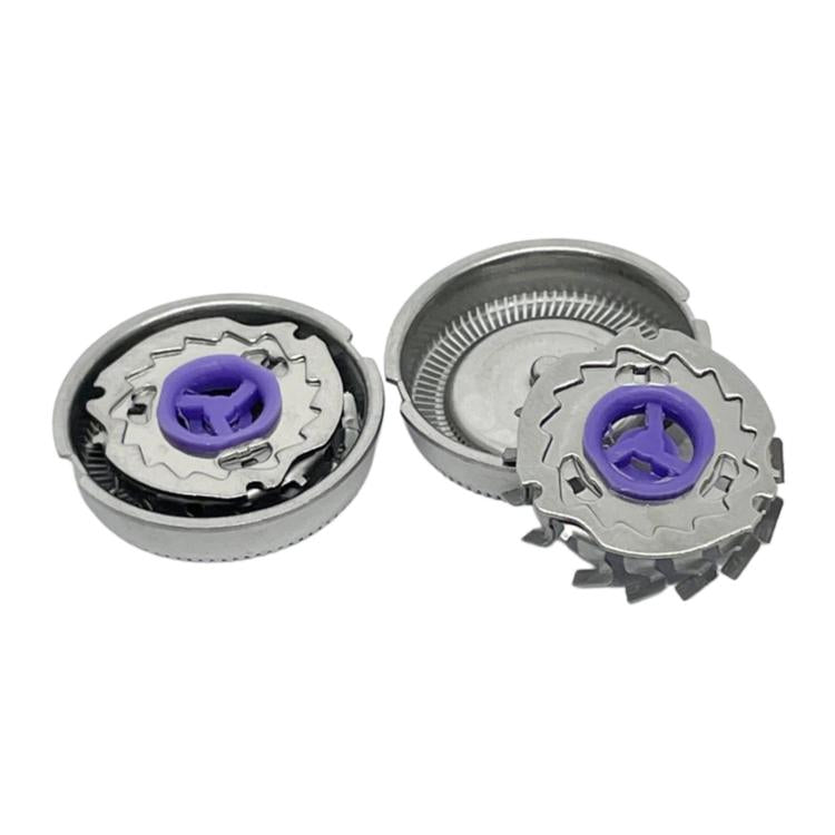 Pair of shaver head blade assemblies with purple center rotors, silver metal housings