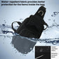 Black waterproof waist pack with front compartments, mesh panel, and adjustable belt strap
