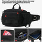 Black multi-pocket waterproof hiking waist pack with mesh panel and adjustable belt strap