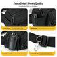 Black waist pack with smooth zippers, side pocket, and metal D-ring belt attachment