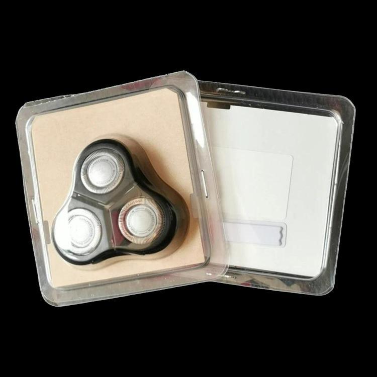 Triple shaver head blade and net replacement in open blister pack, three foil heads.