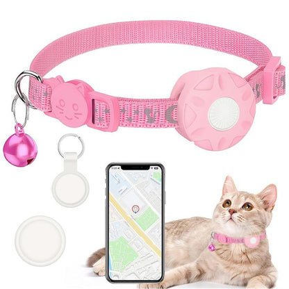 Pink cat GPS tracker collar with bell and face-shaped tracker module