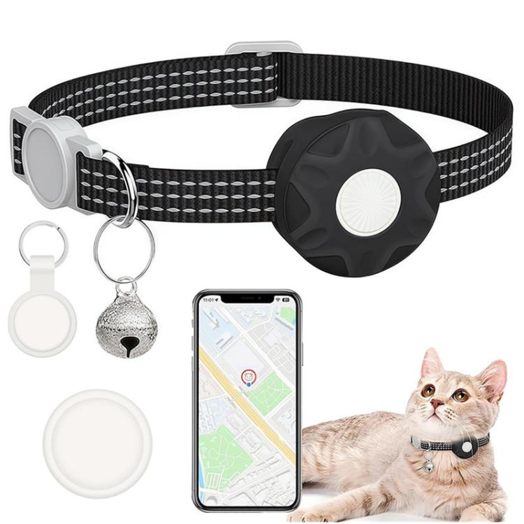 Black cat GPS tracker collar with bell and face-shaped tracker module