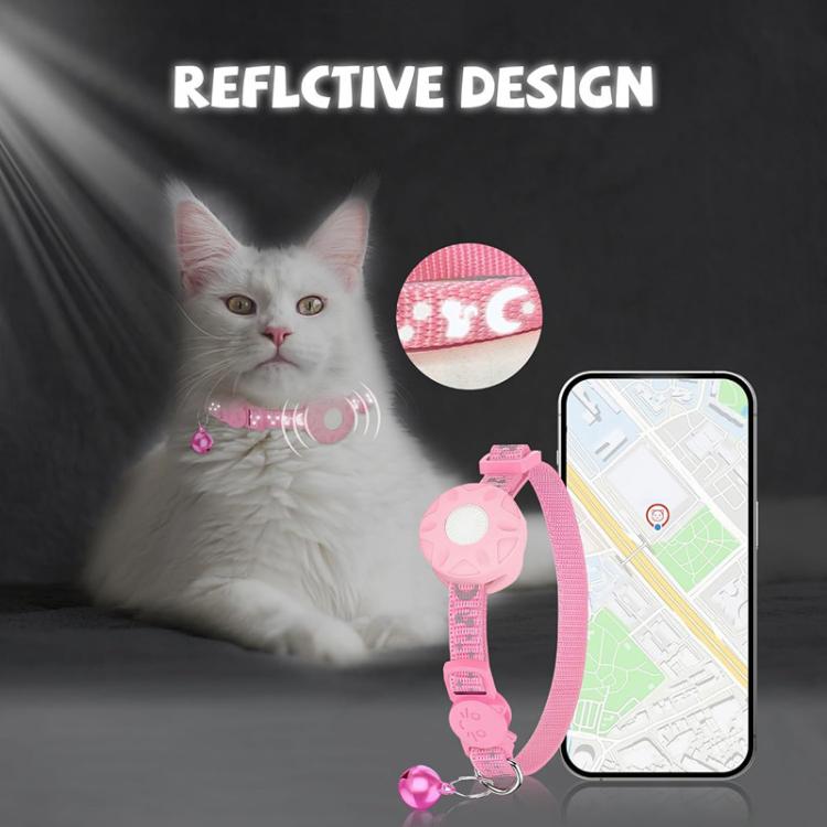 Pink reflective cat tracker collar with bell and face-shaped tracker module