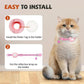 Pink cat tracker collar with bell, illustrated finder-tag installation