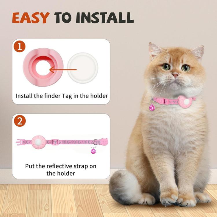 Pink cat tracker collar with bell, illustrated finder-tag installation