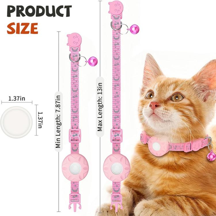 Pink cat tracker collar size diagram with bell and circular finder tag
