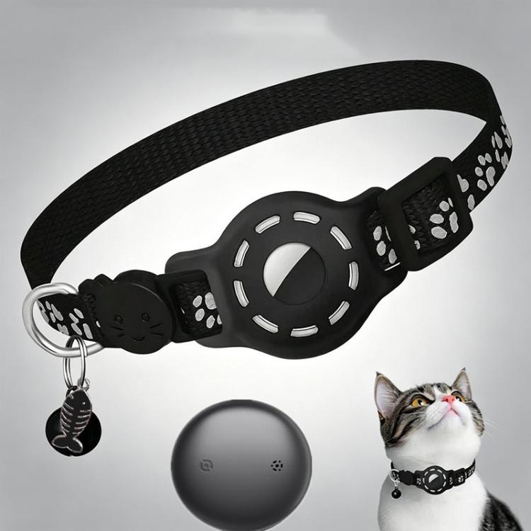 Black cat collar with built-in tracker, reflective paw prints, and key ring tag