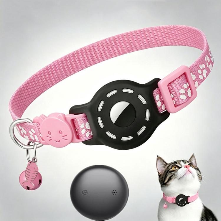 Pink cat collar with built-in tracker pod, reflective paw prints, and key ring tag