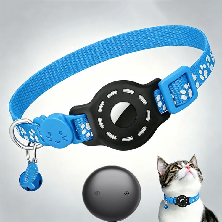 Sky blue cat collar with built-in tracker, reflective paw prints, and key ring tag
