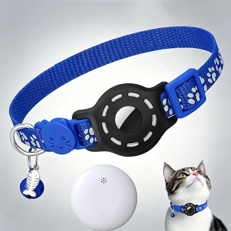 Smart cat collar with tracker, blue band and black shell, reflective paw prints, white tag