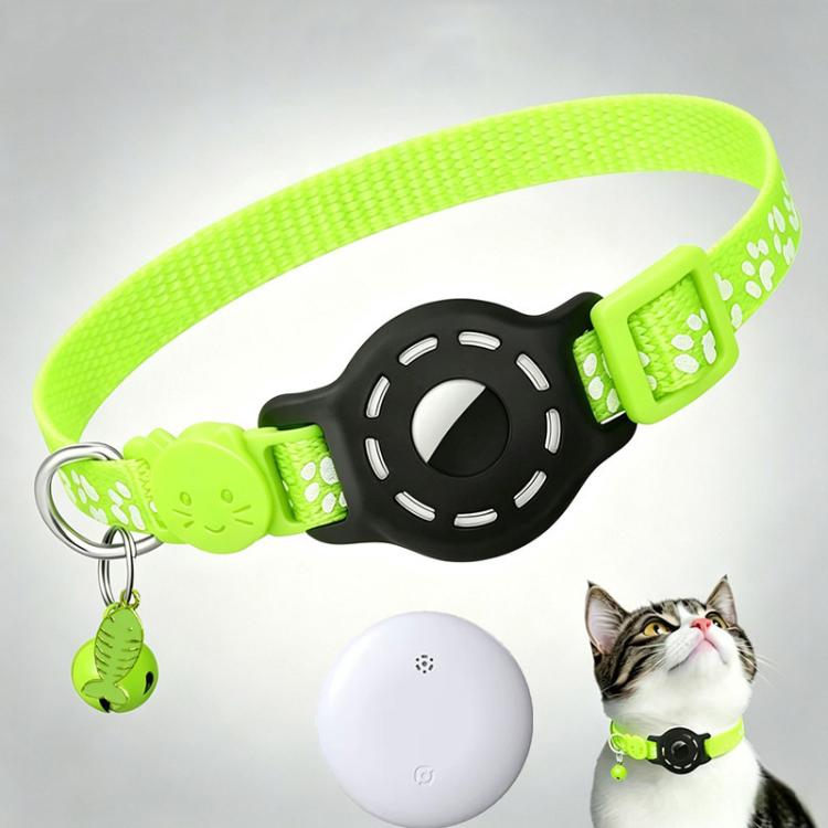 Smart cat collar with tracker, fluorescent green band and black shell, reflective paw prints, white tag