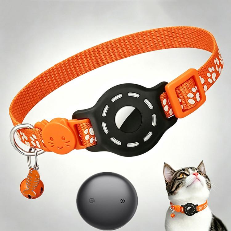 Cat tracker collar with orange reflective paw pattern strap and dark gray tracker puck