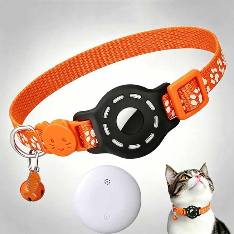 Cat tracker collar with orange reflective paw pattern strap and white tracker puck