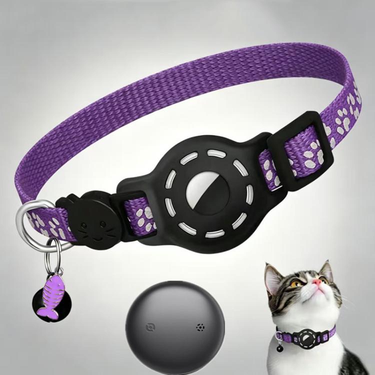 Cat tracker collar with purple reflective paw pattern strap and dark gray tracker puck