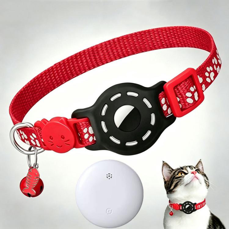 Cat tracker collar with red reflective paw pattern strap and white tracker puck