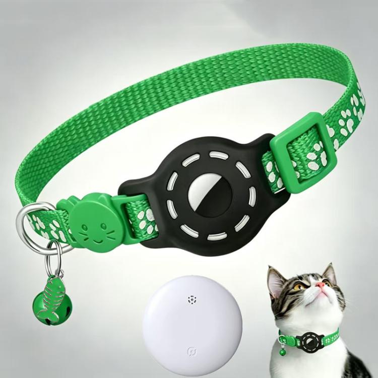Smart cat collar with built-in tracker, reflective paw prints, green and black strap
