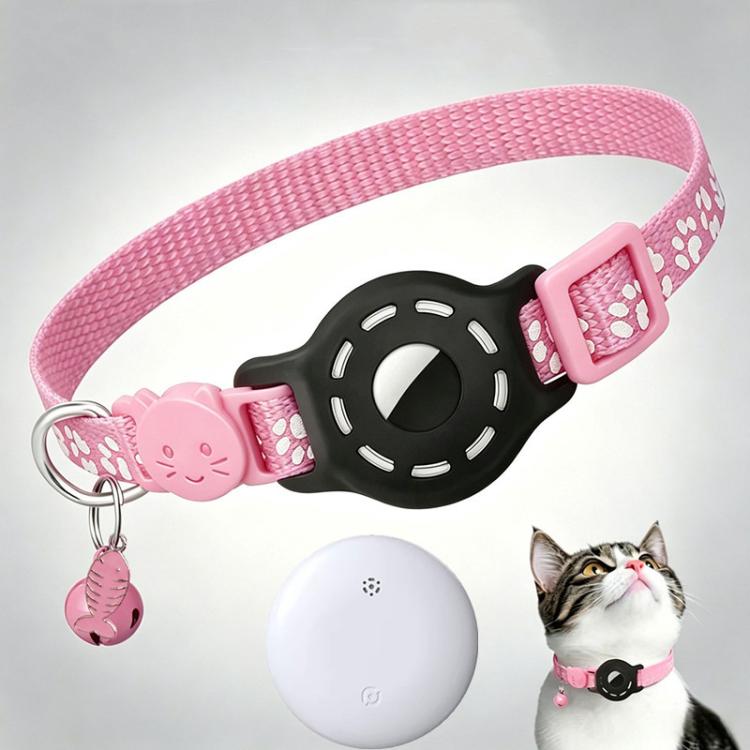Smart cat collar with built-in tracker, reflective paw prints, pink and black strap