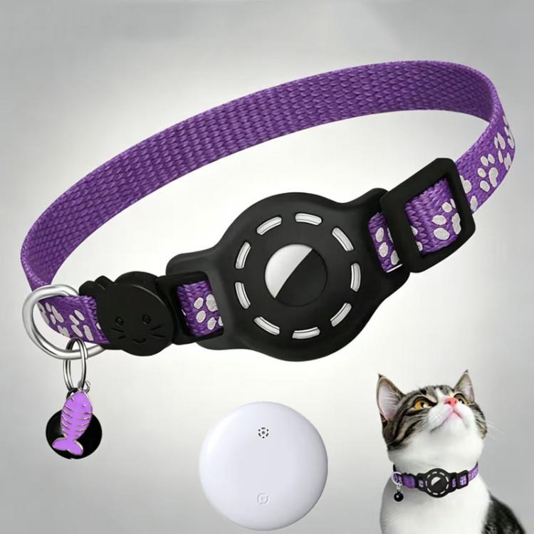 Purple reflective cat collar with paw prints, white tracker tag and purple key ring charm