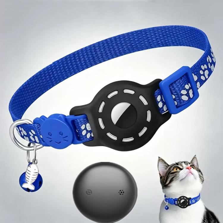 Blue reflective cat collar with paw prints, black tracker tag and key ring charm