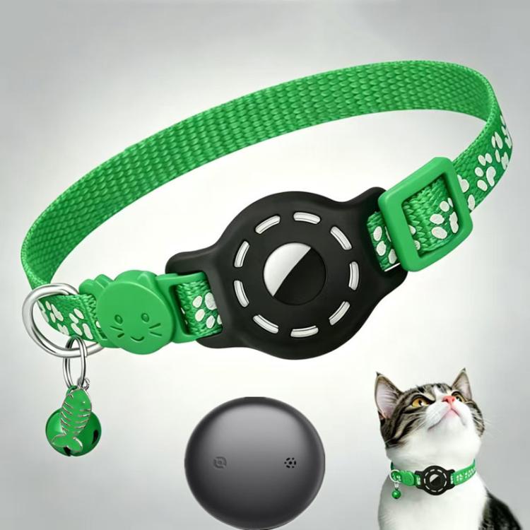 Green reflective paw cat collar with tracker device and dangling bell pendant