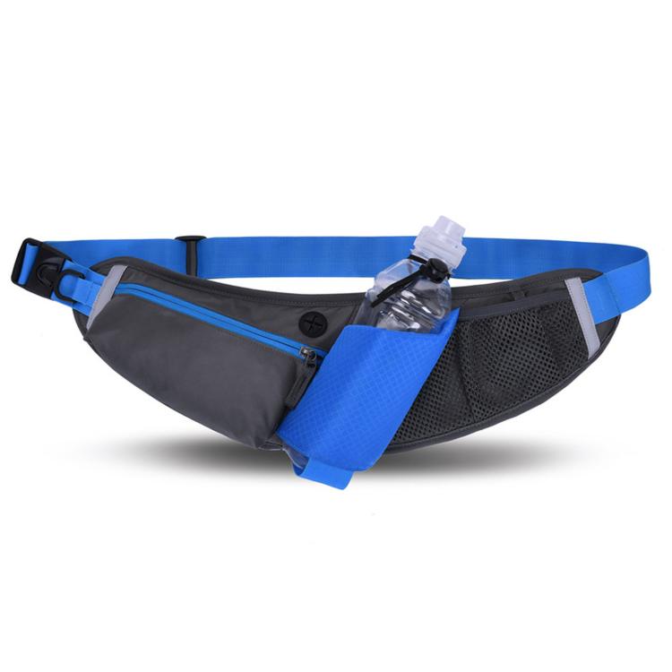 Blue waterproof waist bag with phone pouch and clear bottle holder, adjustable belt.
