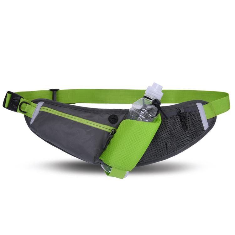 Green waterproof waist bag with phone pouch and clear bottle holder, adjustable belt.