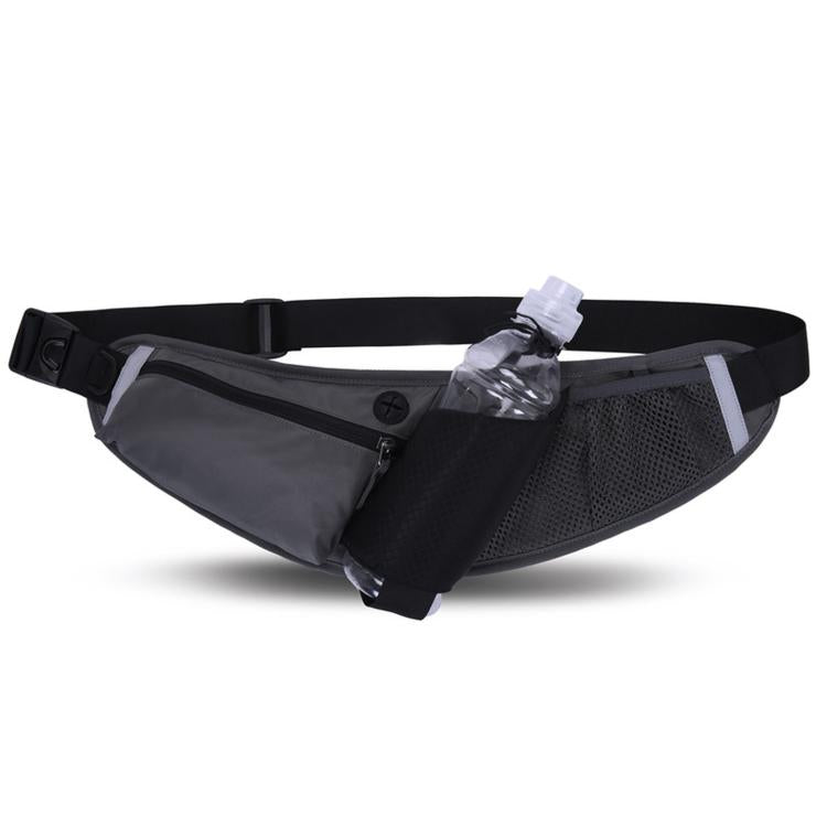 Black waterproof waist bag with phone pouch and clear bottle holder, adjustable belt.