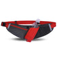 Red waterproof waist bag with phone pouch and clear bottle holder, adjustable belt.