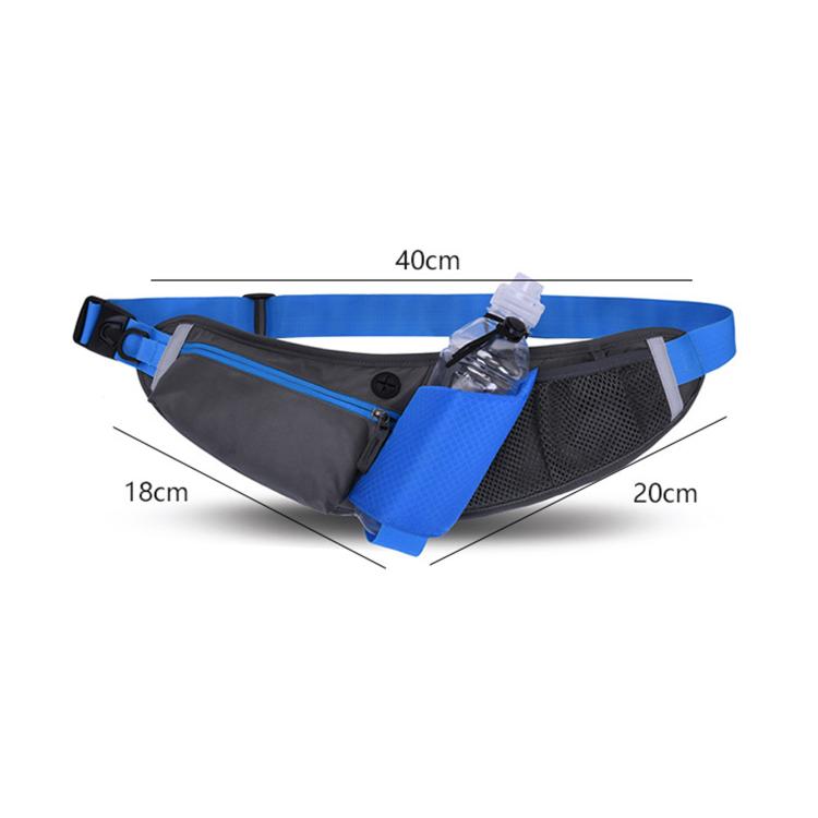 Blue and black waist bag with bottle pocket, size guide 40cm width and 18cm height
