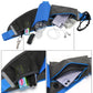 Blue waterproof waist bag with multiple pockets, clear bottle sleeve, and phone slot.