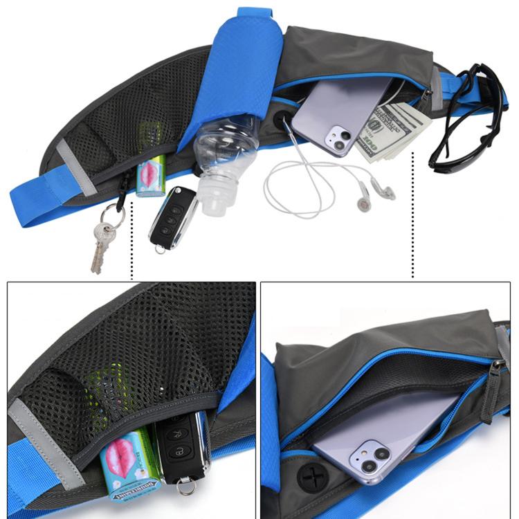 Blue waterproof waist bag with multiple pockets, clear bottle sleeve, and phone slot.