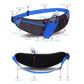 Blue waterproof waist bag showing storage compartments and elastic bottle holder.